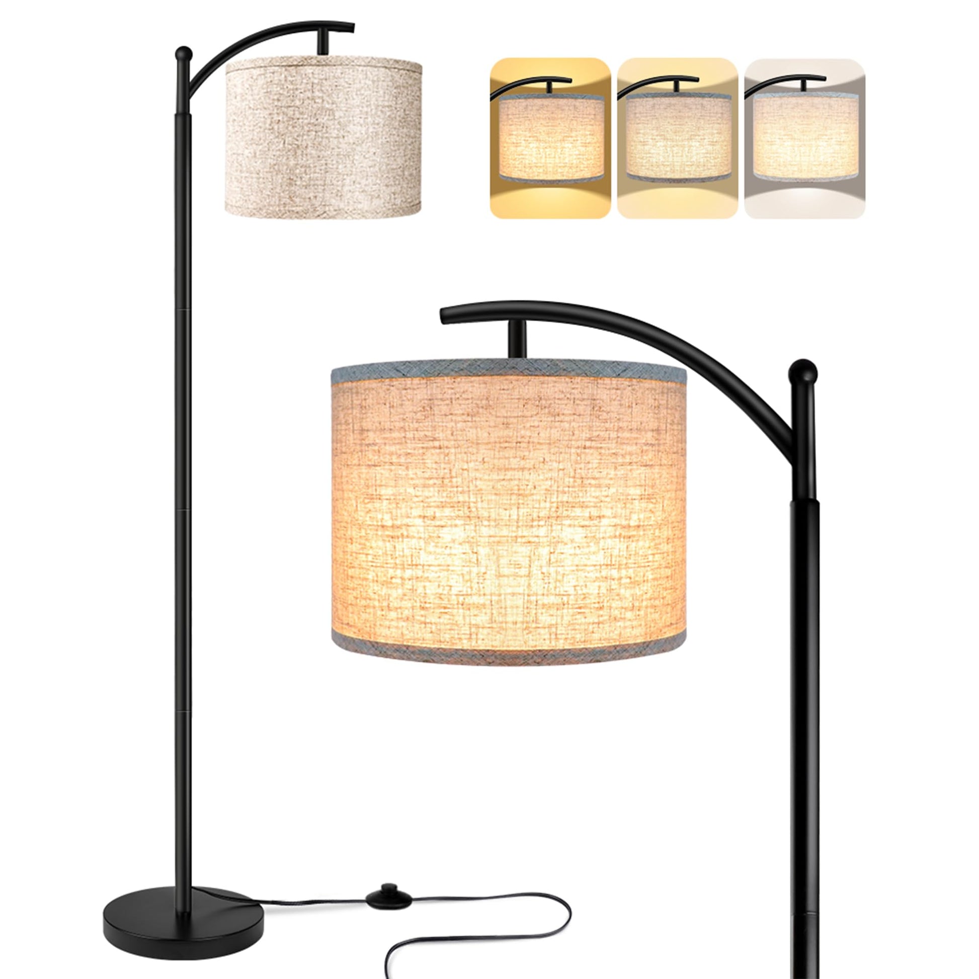 ROTTOGOON LED Stehlampe mit Fussschalter, 3 Farbtemperaturen, schwarz, beiger Lampenschirm