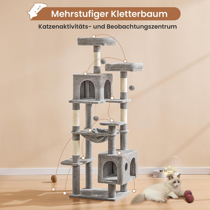 MSmask Katzenbaum 160 cm, Kratzbaum mit Höhlen & Hängematte, Hellgrau