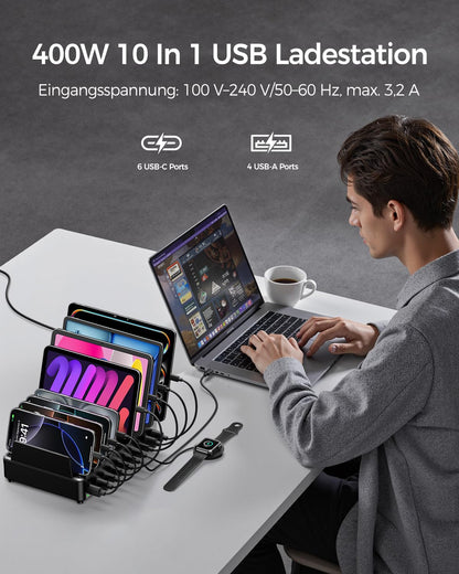 Rocoren 400W Ladestation USB-C, 10-Port GaN Ladegerät mit PD 100W