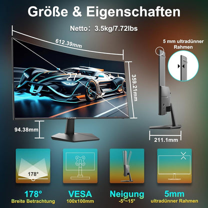 Minifire Curved Monitor 27 Zoll 100Hz PC Bildschirm - Schwarz