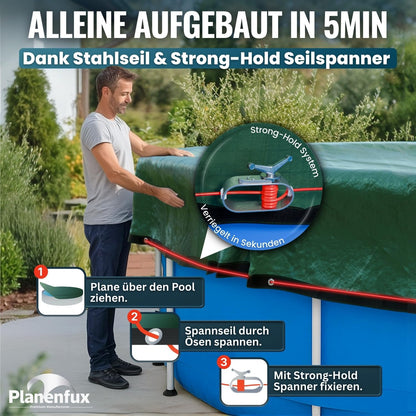 Planenfux® Poolabdeckung rund Ø 700 cm – Solarplane 2-in-1 Ø 820 cm
