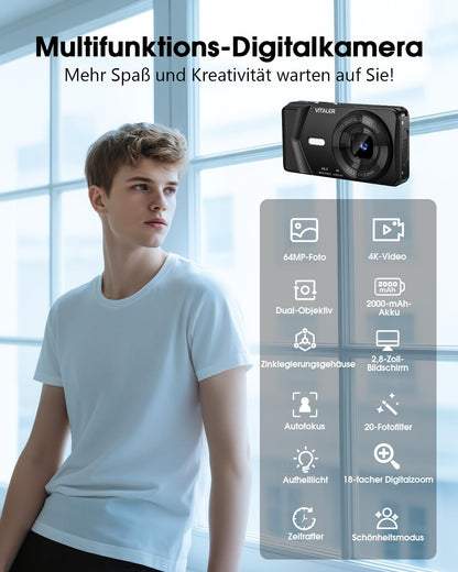 Vitaler A61 Digitalkamera 64MP 4K Kompaktkamera mit Doppelobjektiv
