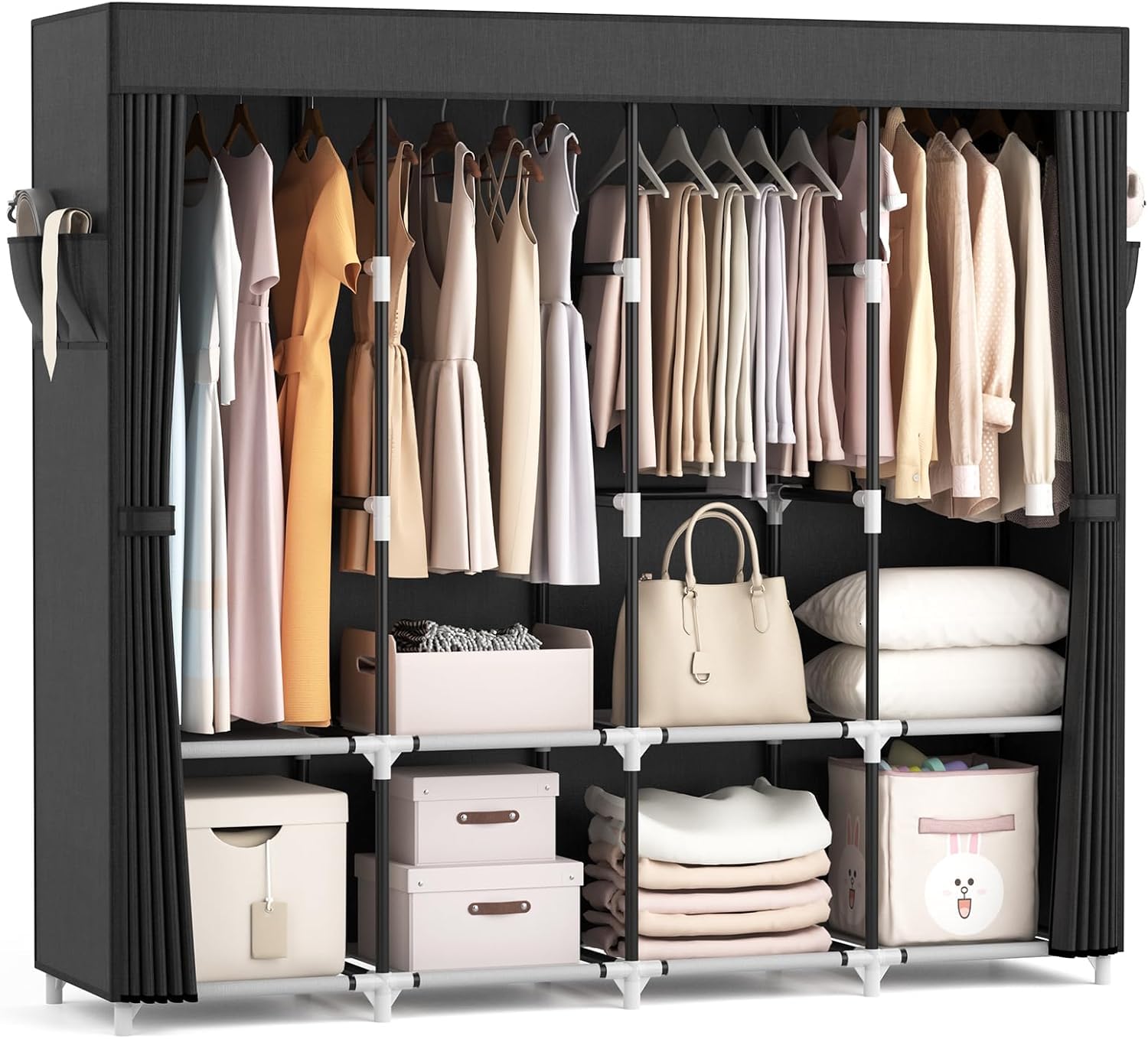Vicye Faltschrank Stoffschrank mit Abdeckung, 170x45x167 cm, schwarz, vier Kleiderstangen und vier Ablagen