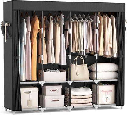 Vicye Faltschrank Stoffschrank mit Abdeckung, 170x45x167 cm, schwarz, vier Kleiderstangen und vier Ablagen