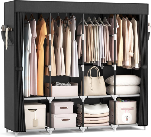 Vicye Faltschrank Stoffschrank mit Abdeckung, 170x45x167 cm, schwarz, vier Kleiderstangen und vier Ablagen