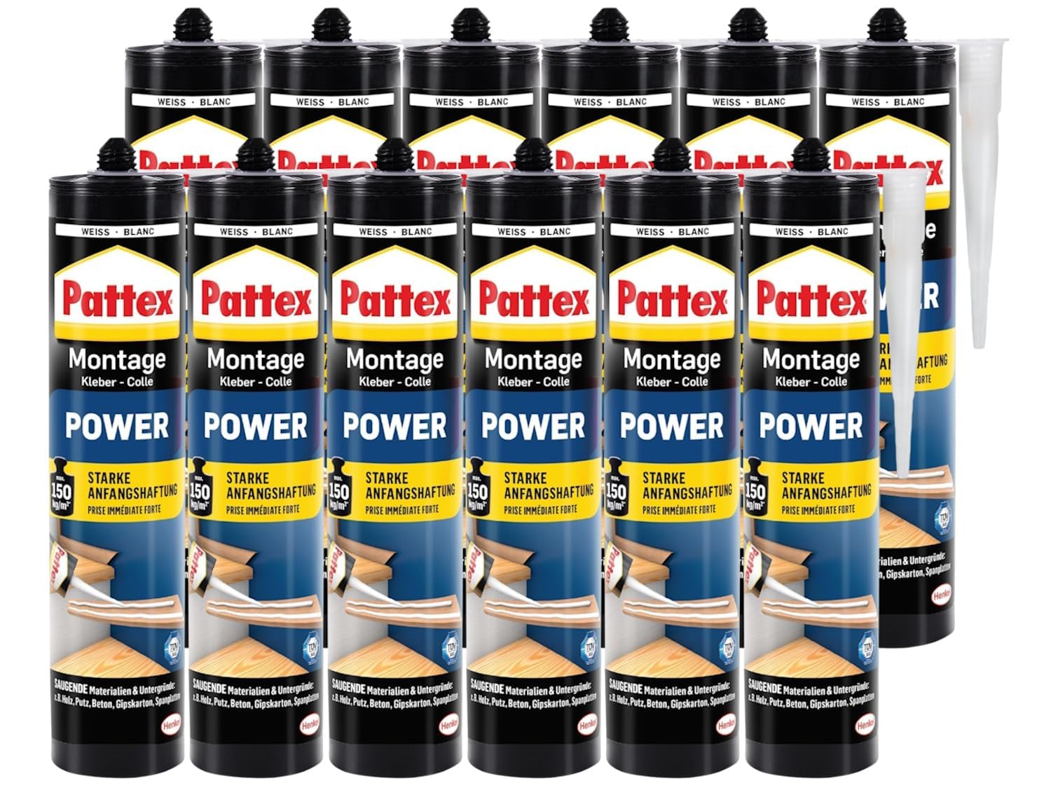 Pattex Montagekleber Power Bau- & Kraftkleber innen/aussen (12er Pack): Weiße Kartusche. Bau- & Kraftkleber für Montagearbeiten innen und aussen.