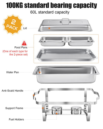 WENMILY Chafing Dish Set Warmhaltebehälter – 2x Quadrat Silber 9L