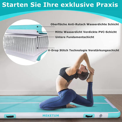 MEKETUM Air Track Turnmatte 3m, aufblasbare Gymnastikmatte, Grün