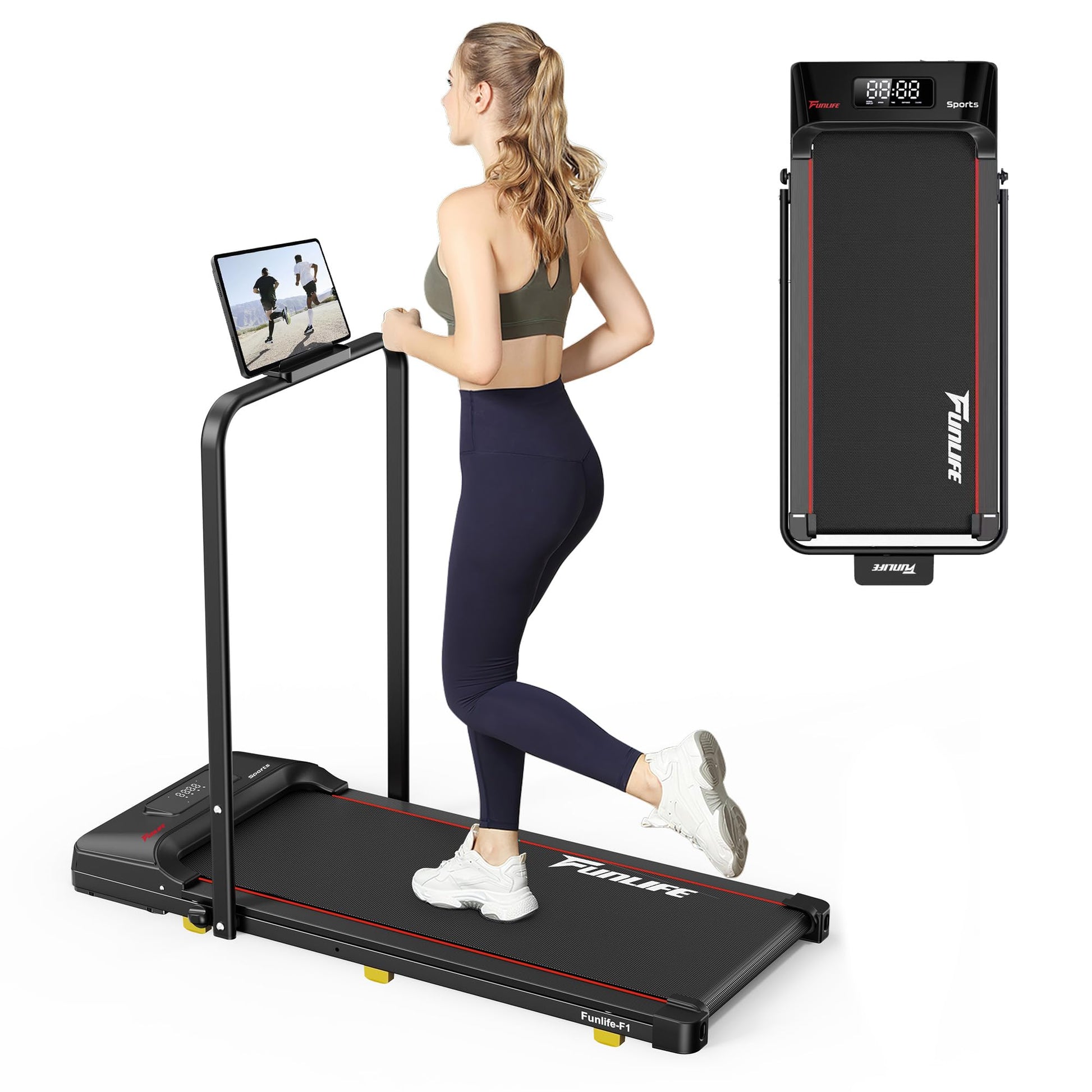 FunLife F1 Klappbares 3-in-1 Walking Pad - Rot. Rotes, klappbares Laufband. Für Gehen, Laufen und Arbeiten im Stehen.