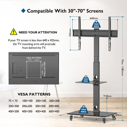 BONTEC TV Ständer rollbar für 30-70 Zoll bis 40 kg, VESA 600x400