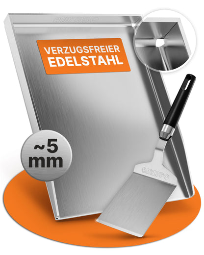 AMZBBQ Premium Plancha Set – Edelstahl 40x30cm, 5mm: Rechteckige Edelstahl-Plancha zum Braten und Garen auf dem Grill.