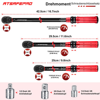 ATsafepro Drehmomentschlüssel Set 1/4 3/8 1/2 Zoll, 3-230 Nm, 72 Zähne