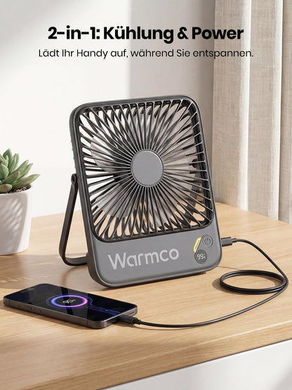 Warmco D3 Akku-Tischventilator 10000 mAh, leise, mit Digitalanzeige