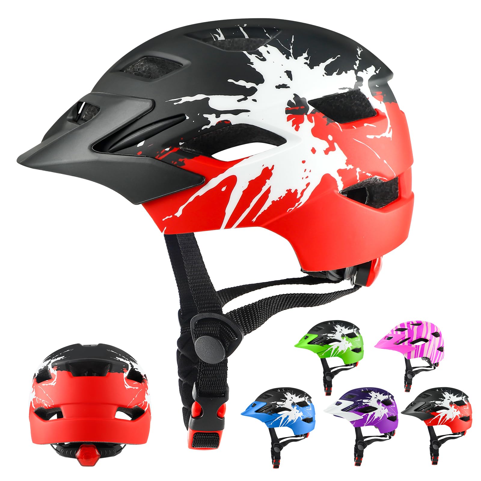 RaMokey Kinder-Fahrradhelm mit LED-Rücklicht 50-56 cm, schwarz-rot, Belüftungsöffnungen
