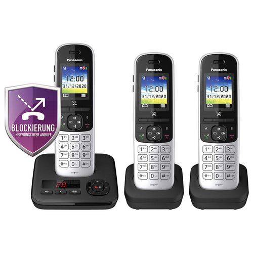 Panasonic KX-TGH723GS DECT Telefon 3er Set - Schwarz. Schnurlostelefone in Schwarz. Ermöglichen Festnetztelefonie mit Anrufbeantworter und mehreren Mobilteilen für den flexiblen Einsatz im Haus.
