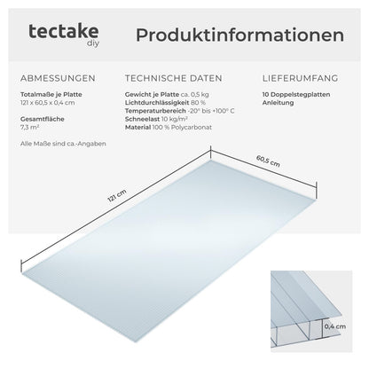 tectake Polycarbonat Doppelstegplatten 10er Set 121 x 60,5 cm