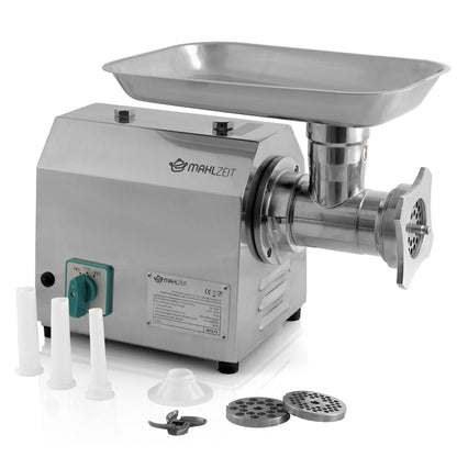 Mahlzeit Profi Faschiermaschine Elektrisch Edelstahl 750W. Kompaktes Edelstahlgerät mit Einfüllschacht zum Zerkleinern von Fleisch.