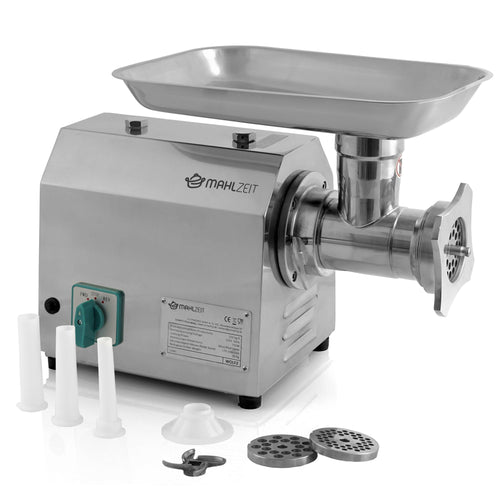 Mahlzeit Profi Faschiermaschine Elektrisch Edelstahl 750W. Kompaktes Edelstahlgerät mit Einfüllschacht zum Zerkleinern von Fleisch.