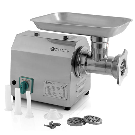 Mahlzeit Profi Faschiermaschine Elektrisch Edelstahl 750W. Kompaktes Edelstahlgerät mit Einfüllschacht zum Zerkleinern von Fleisch.