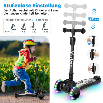 YOLEO Kinderroller Dreiradscooter mit leuchtenden Rädern, schwarz