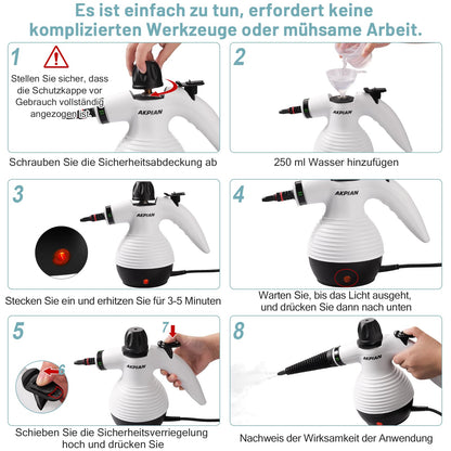 AKPIAN Handdampfreiniger EM-301, 1050 W mit 10-teiligem Zubehörset