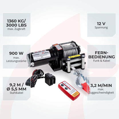 ROTFUCHS Elektrische Seilwinde EWR3000 12V, 1360 kg Zugkraft