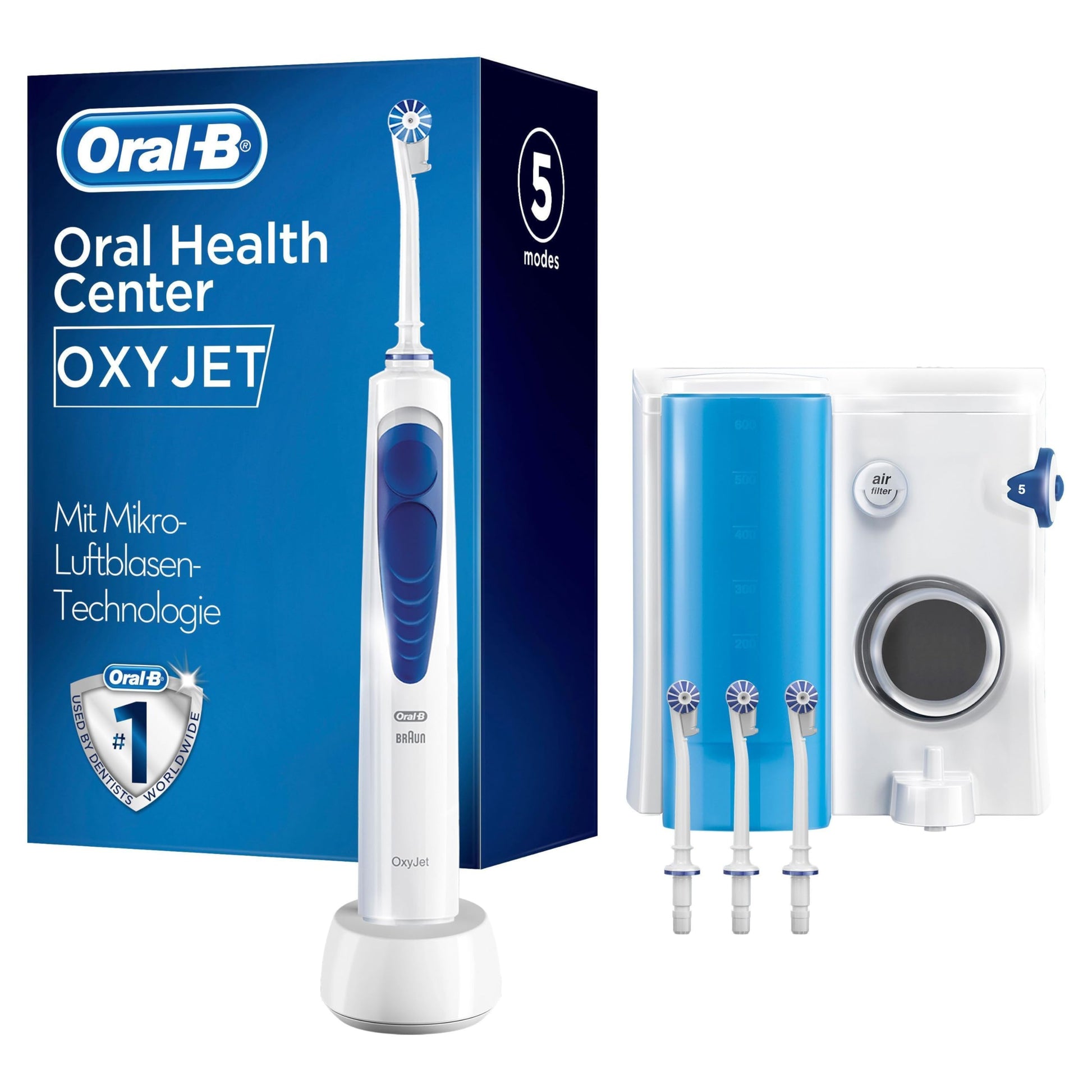 Oral-B OxyJet Munddusche - Luftblasen Technologie, Weiss/Blau. Munddusche mit weiß-blauem Gehäuse. Reinigt Zahnzwischenräume mit Wasser-Luftgemisch zur Entfernung von Plaque.
