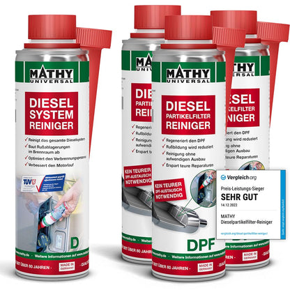 MATHY DPF-Kur Diesel Partikelfilter Reiniger – Set 4 Dosen, blaue zylindrische Dosen zur Reinigung von Diesel Partikelfiltern.