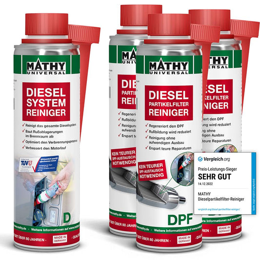MATHY DPF-Kur Diesel Partikelfilter Reiniger – Set 4 Dosen, blaue zylindrische Dosen zur Reinigung von Diesel Partikelfiltern.