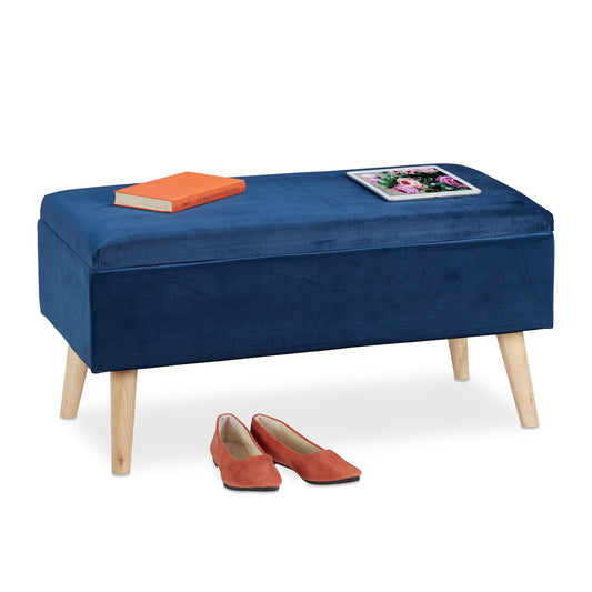 Relaxdays Sitzbank Samt Dunkelblau - Truhenbank 80cm