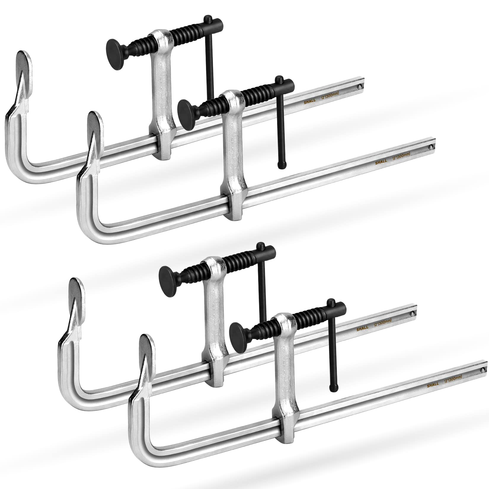 SHALL Schraubzwingen Set 4 Stück, 300 mm Spannweite, Schmiedestahl mit vernickelter Oberfläche
