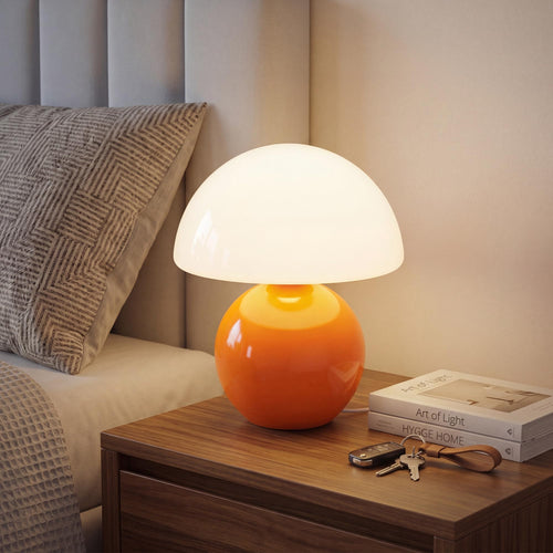 Dawnwake Pilz Tischlampe LED dimmbar Nachttischlampe Glas Orange mit mundgeblasenem Glasschirm und Keramiksockel