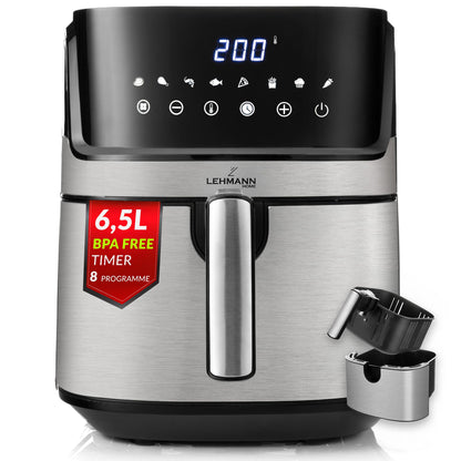 LEHMANN Heissluftfritteuse XL 6,5 L mit 8 Programmen, Air Fryer mit digitalem Display und herausnehmbarem Korb