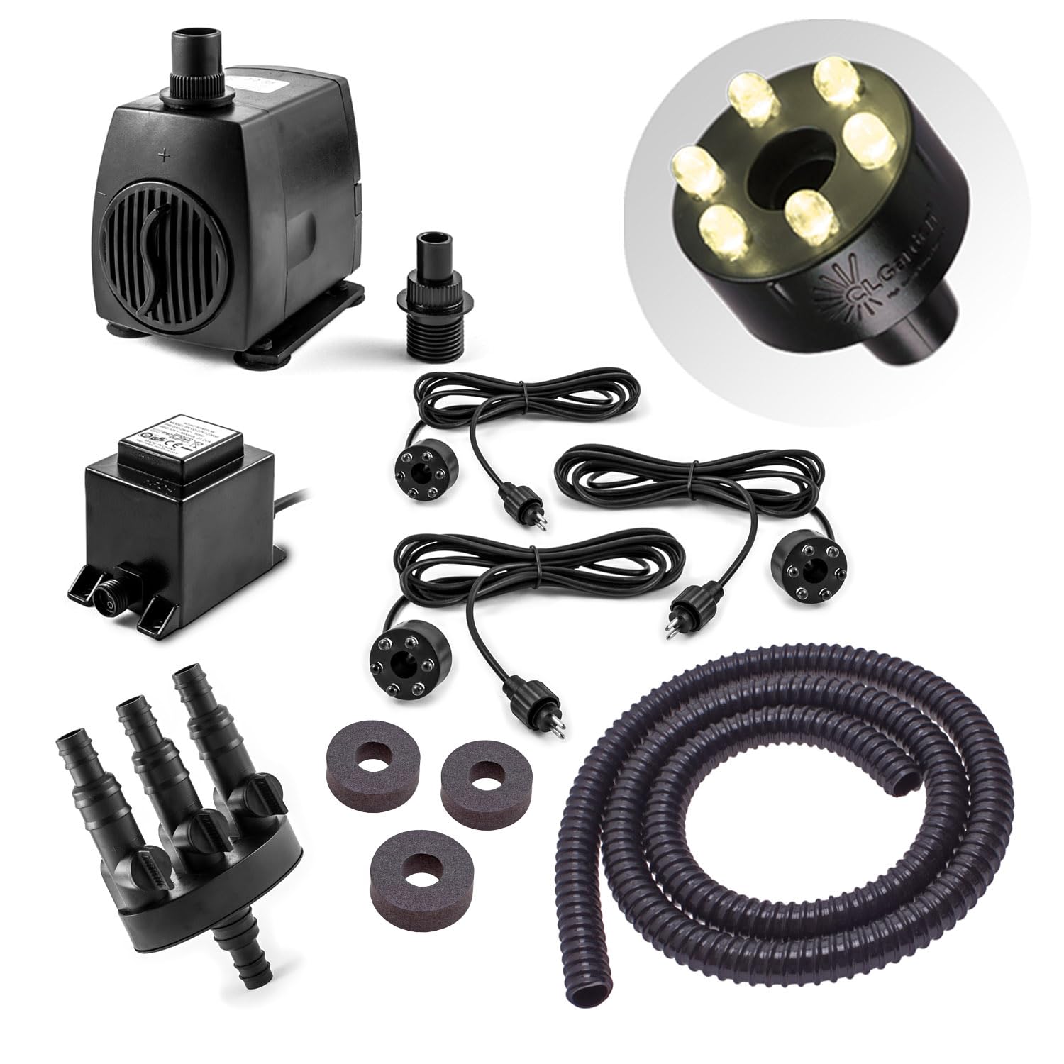 CLGarden Springbrunnenpumpe Set SP3-S mit 3 LED-Ringen, 12V, 1300 l/h, inklusive Schlauch und Verteiler
