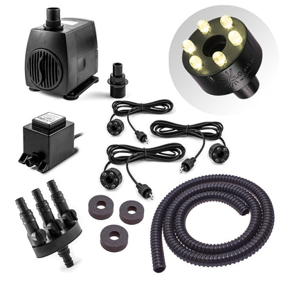 CLGarden Springbrunnenpumpe Set SP3-S mit 3 LED-Ringen, 12V, 1300 l/h, inklusive Schlauch und Verteiler