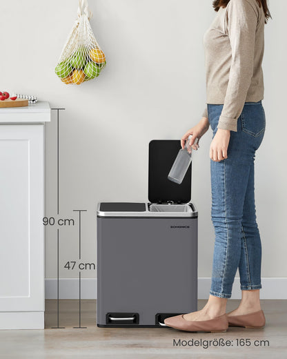 SONGMICS Mülleimer Küche 2 x 15 Liter Mülltrennsystem Softclose-Deckel