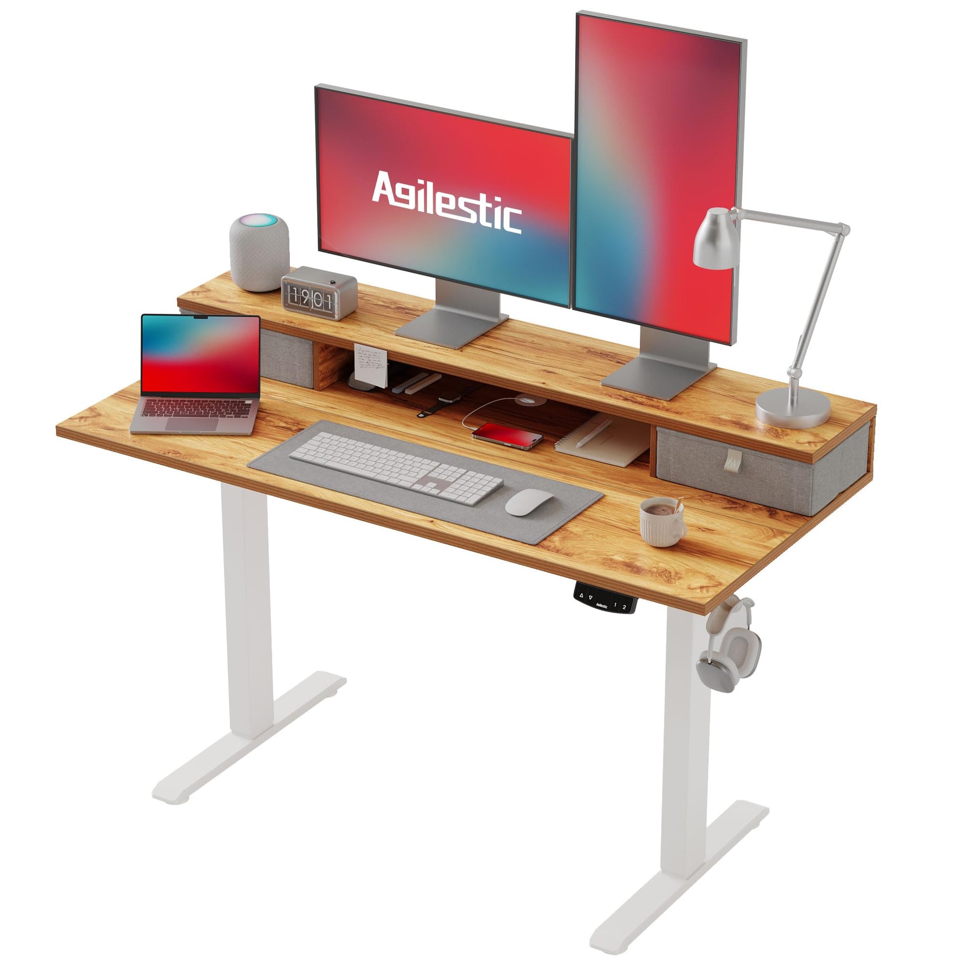 Agilestic Elektrischer Steh-Sitz Schreibtisch 120x60 cm – Hellbraun. Hellbraune, rechteckige Platte. Elektrisch höhenverstellbar für Steh-Sitz-Wechsel.