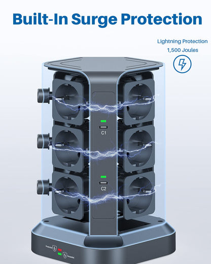 KOOSLA 12-fach Steckdosenturm 65W USB C PD Überspannungsschutz Grau
