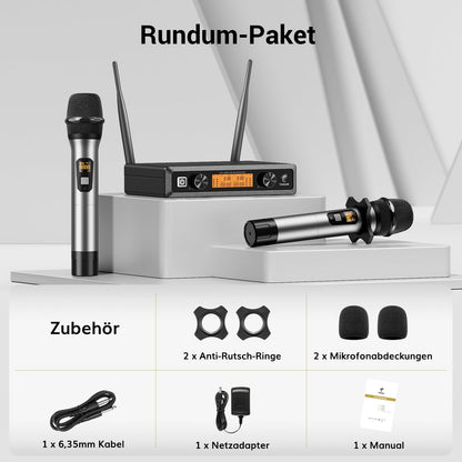 TONOR TW820 Professionelles UHF Dual Funkmikrofon - Silber