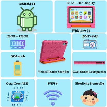 ZIOVO Kinder Tablet 10 Zoll Android 14 mit EVA Hülle - Rosa