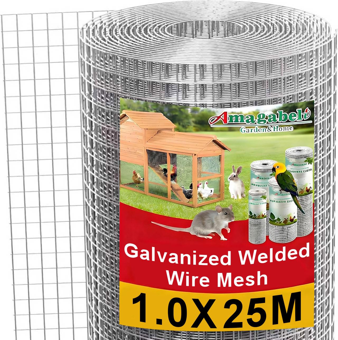 Amagabeli Maschendrahtzaun DA130, feuerverzinkt, 25 m x 1 m, 12,7 mm – Drahtgitter auf Rolle