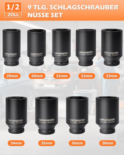 DAYUAN Achsmutter-Stecknuss-Set YT-97959, 1/2 Zoll, 29-38 mm, 9-teilig