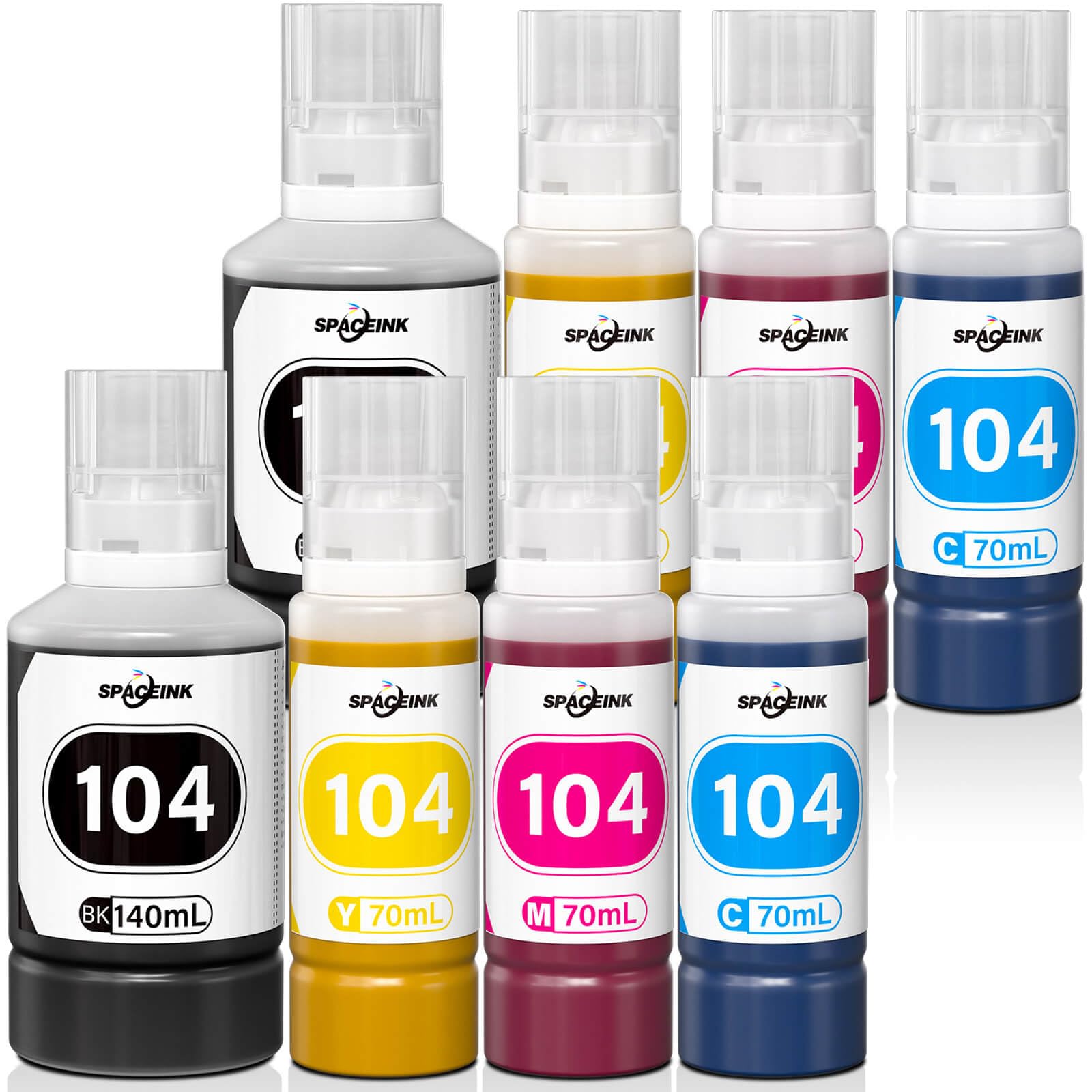 Spaceink Tinte 104 Multipack, 2 Sätze kompatibel für Epson Drucker, 8 Nachfüllflaschen in Schwarz, Cyan, Magenta und Gelb
