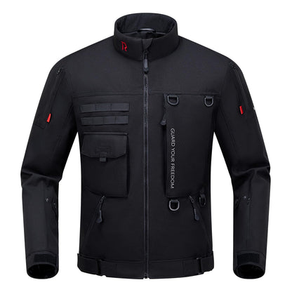 RIDEIRON Motorradjacke Herren Allwetter Schutz - Schwarz, robuste Textiljacke für umfassenden Aufprall- und Wetterschutz beim Motorradfahren.