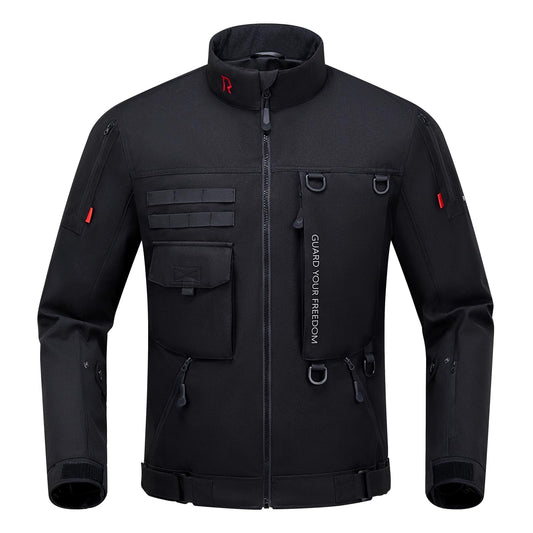 RIDEIRON Motorradjacke Herren Allwetter Schutz - Schwarz, robuste Textiljacke für umfassenden Aufprall- und Wetterschutz beim Motorradfahren.