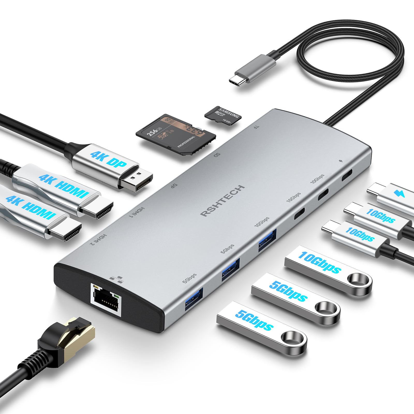 RSHTECH 12-in-1 USB C Docking Station - 2x HDMI, 100W PD, schwarz, rechteckig. Erweitert USB-C-Konnektivität für Peripherie, Dual-HDMI-Monitor und 100W PD-Ladung.