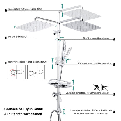 Görbach Duschsystem Regendusche mit Ablage Chrom 35x25cm