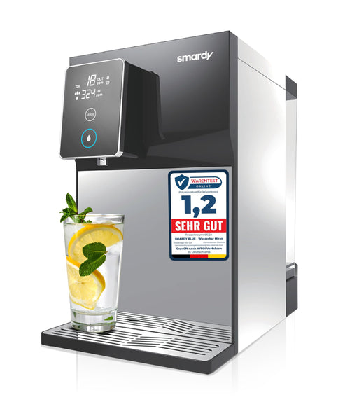 smardy blue miran Premium Auftisch Osmoseanlage – Mobil mit Heizung. Kompaktes Gerät zur Trinkwasserfiltration per Umkehrosmose und Erhitzung.