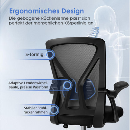 Hinonde Bürostuhl – Ergonomisch, Netzstoff, klappbare Armlehnen
