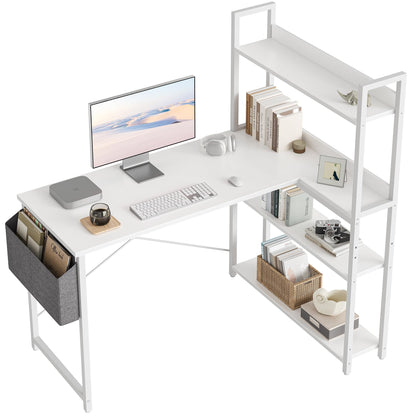 CubiCubi Eckschreibtisch Homeoffice mit Regal 120cm – Weiss. Eckschreibtisch mit Regal. Bietet Arbeitsfläche & Stauraum für effizientes Homeoffice.